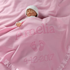 Personalized Newborn Blanket with Hearts and Feet, Two Lines (Pink and Blue)
