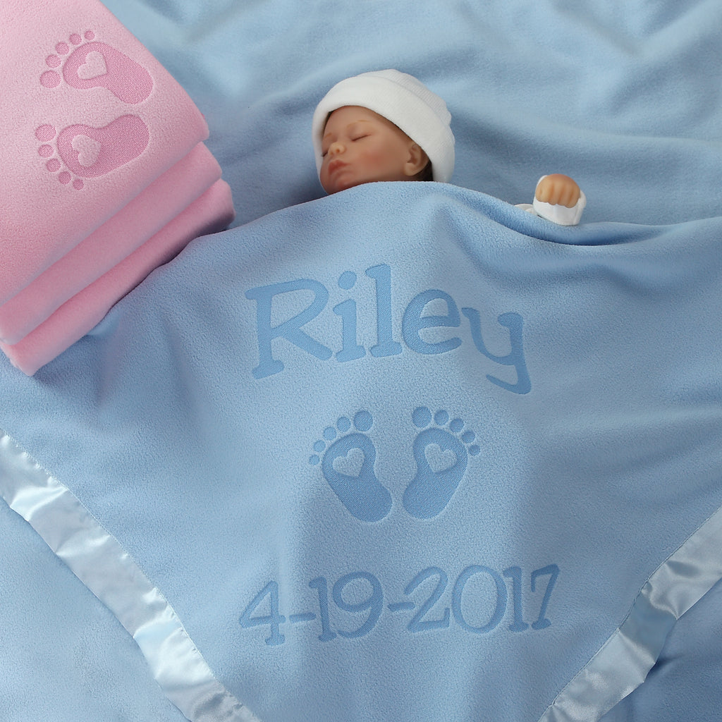 Personalized Newborn Blanket with Hearts and Feet, Two Lines (Pink and Blue)
