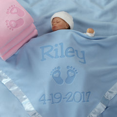 Personalized Newborn Blanket with Hearts and Feet, Two Lines (Pink and Blue)