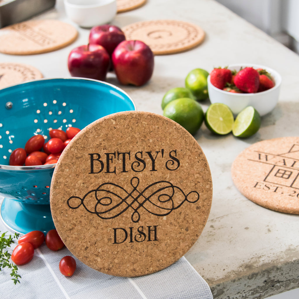 Personalized 7" Cork Trivets - Set of 2 - Scroll Design