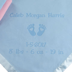 Personalized Newborn Blanket with Hearts and Feet, Two Lines (Pink and Blue)
