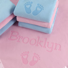 Personalized Newborn Blanket with Hearts and Feet, One Line (Pink and Blue)