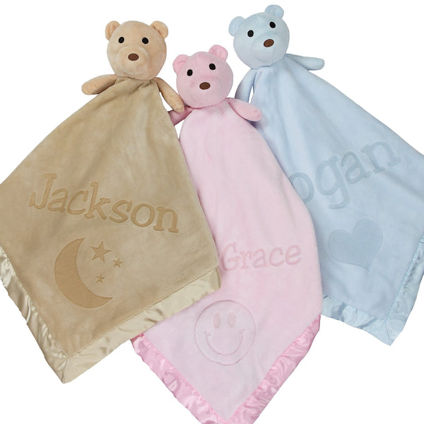 Large Ultra Plush Personalized Teddy Bear Baby Blanket With Moon, Smiley Face, or Heart Design
